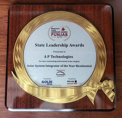 2023 state leadership award by solar quarters for best solar system integrated of the year.
